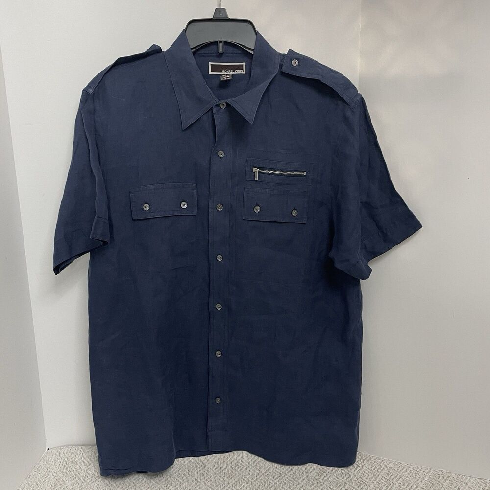 Michael Kors Mens L Dark Blue Linen Button-Up Shirt **READ**
